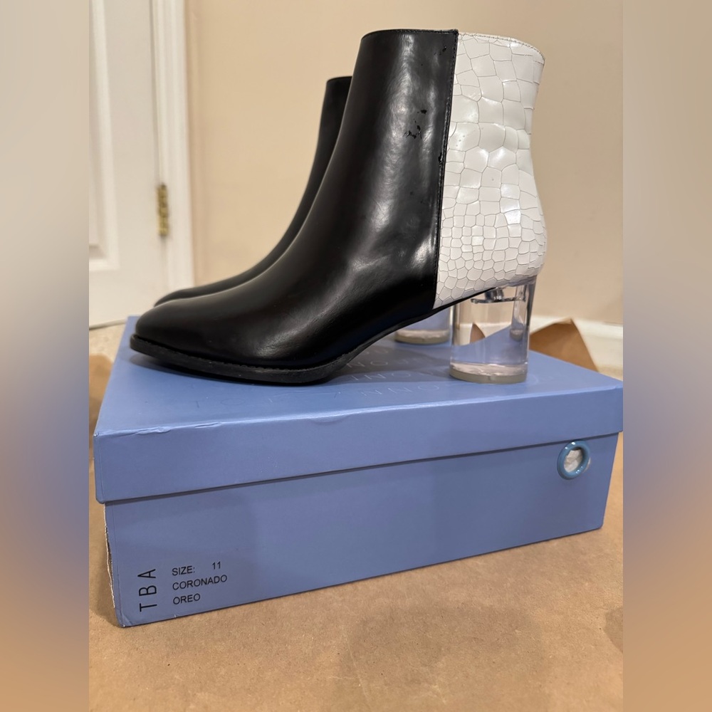 TBA To Be Announced- Black and White Ankle Boots with Clear Heel